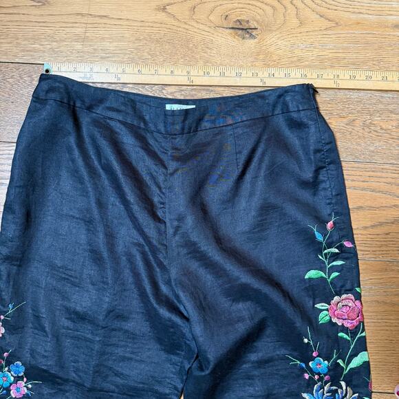 Allison Taylor Black Linen Pants 14 Embroidered Floral Cropped Boho Straight Leg - Picture 8 of 10